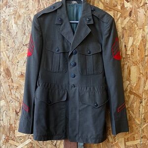 Vintage Olive Green Military Field Jacket with Red Sleeve Chevrons